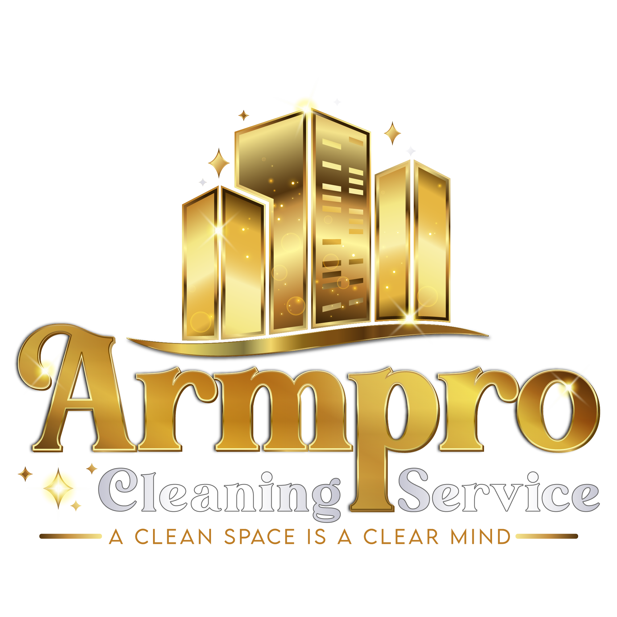logo with gold words ARMPRO and gold skyscrapers behind it